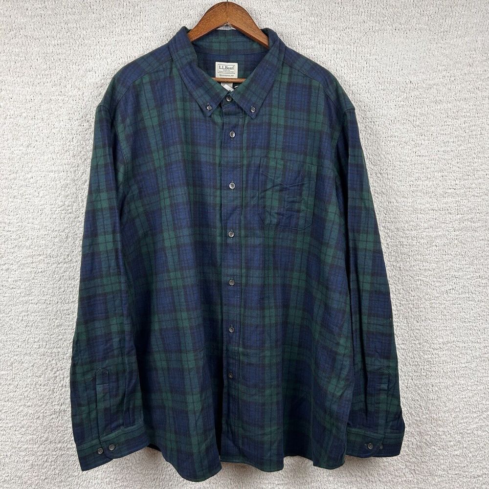 LL Bean Flannel Shirt Mens XXXL Black Watch Scotch Plaid Regular Fit Long Sleeve